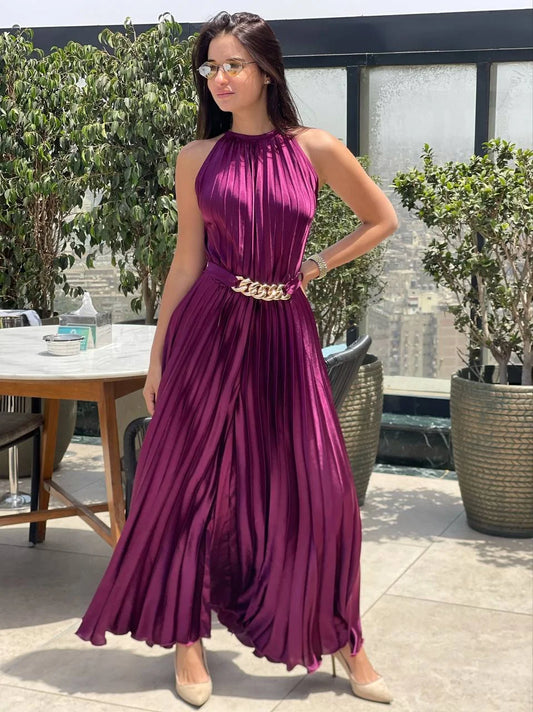 Purple Pleated Jumpsuit With Belt