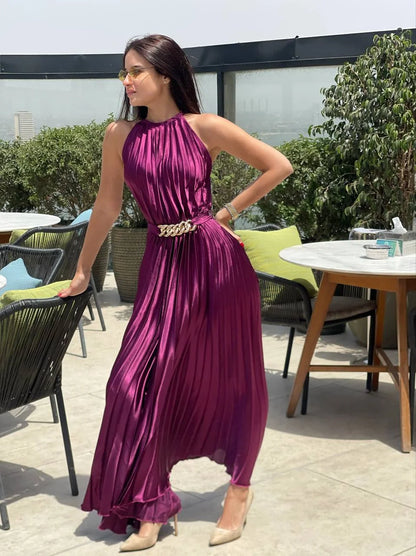 Purple Pleated Jumpsuit With Belt