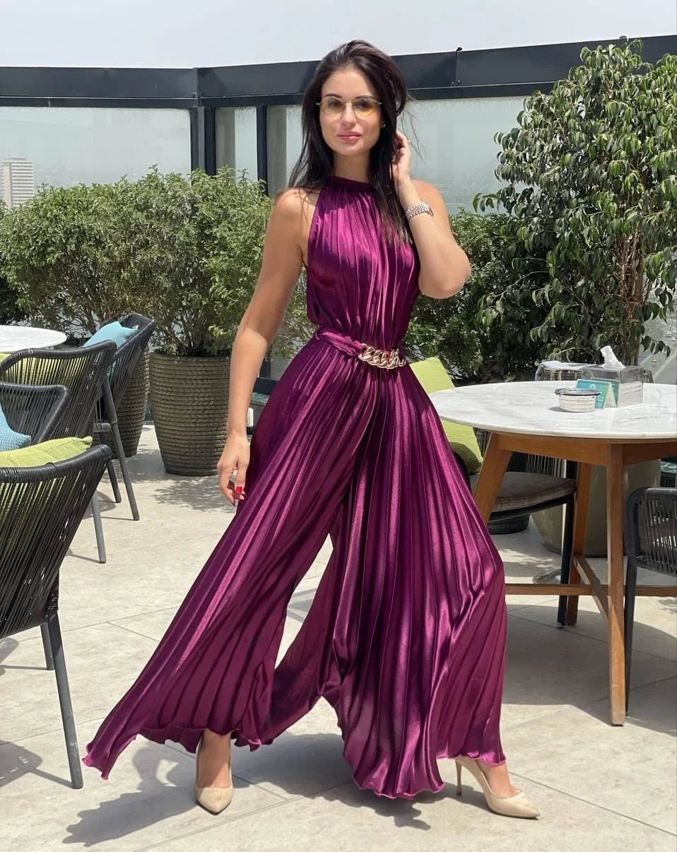 Purple Pleated Jumpsuit With Belt