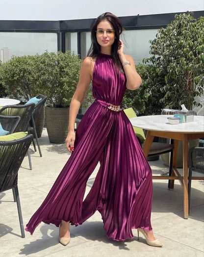 Purple Pleated Jumpsuit With Belt
