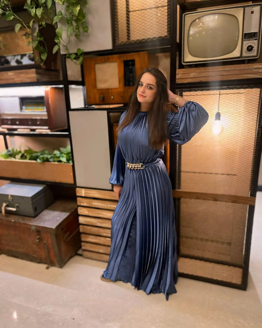 Navy Blue Pleated Jumpsuit With Belt