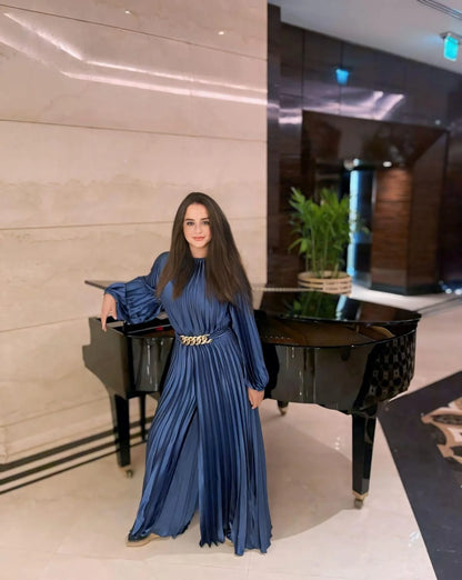 Navy Blue Pleated Jumpsuit With Belt