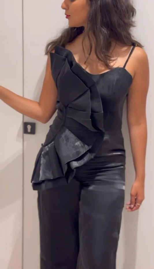 Black flower shiny jumpsuit