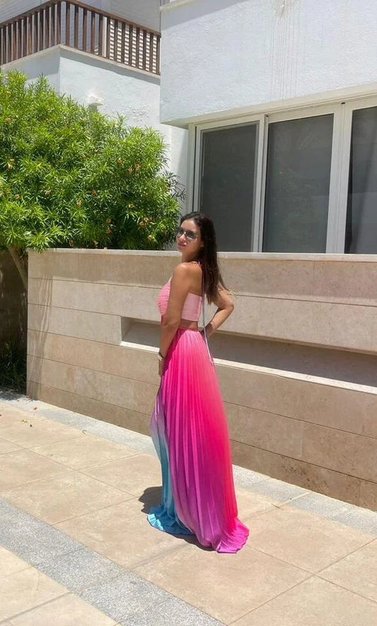 Gradient Blue In Pink Mermaid Pleated Maxi Dress With Straps