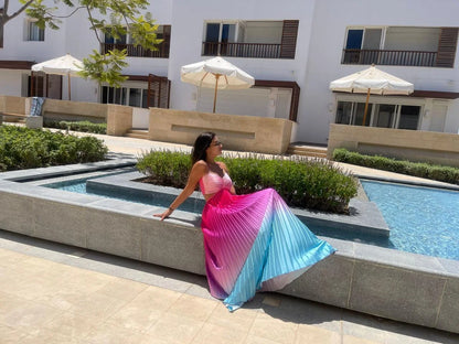 Gradient Blue In Pink Mermaid Pleated Maxi Dress With Straps