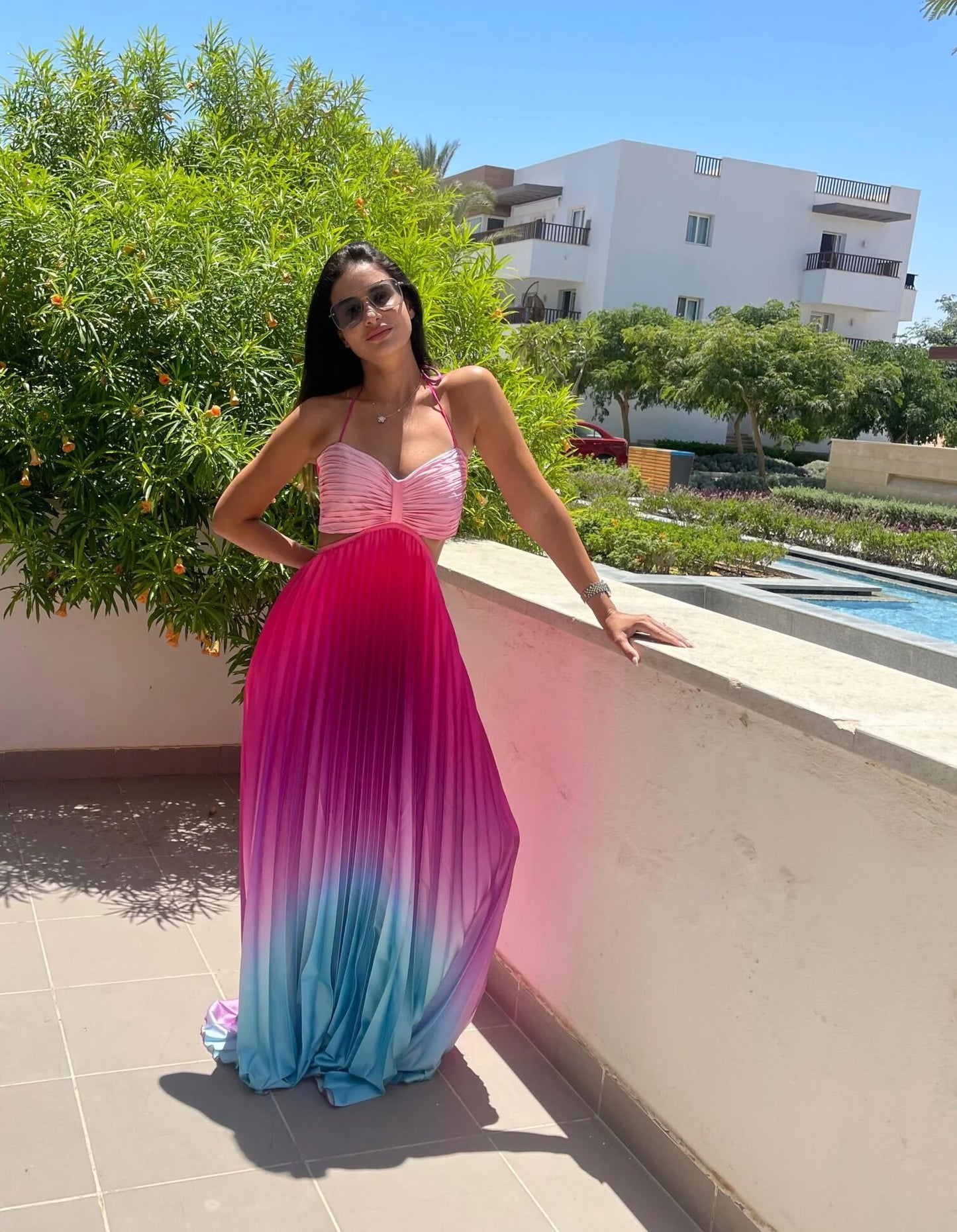 Gradient Blue In Pink Mermaid Pleated Maxi Dress With Straps