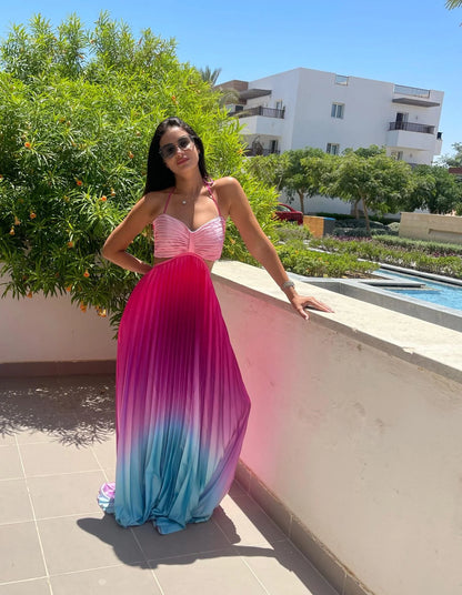 Gradient Blue In Pink Mermaid Pleated Maxi Dress With Straps