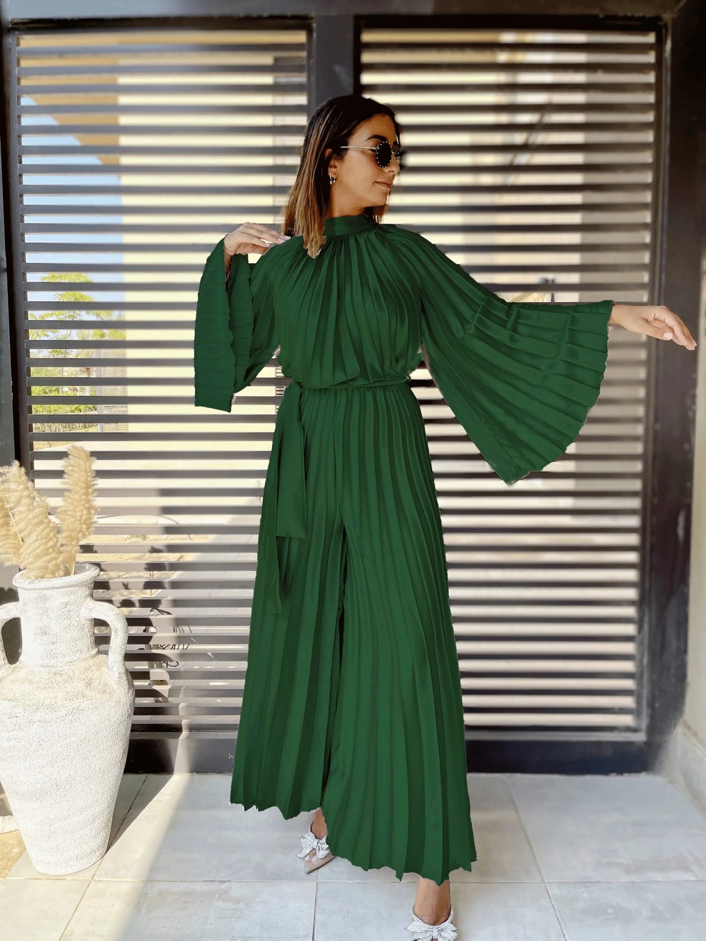 Silk satin Emerald pleated jumpsuit with sleeves