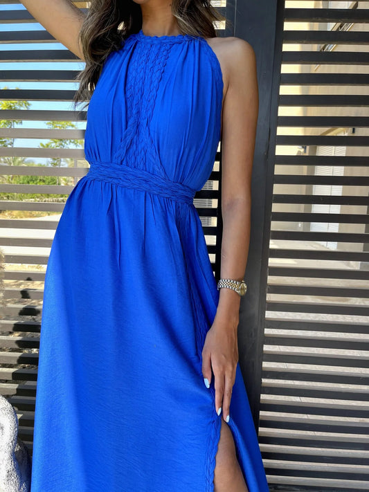 Blue halter neck linen dress