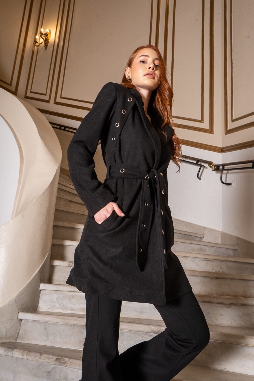 Black Coat with Metal Eyelets Detail - Image 4